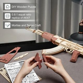 AK-47 Assault Rifle Gun Wooden Replica Rubber Band Gun Model Kit, Toys Gift for Children