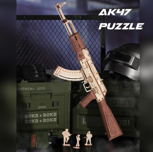 AK - 47 Assault Rifle Gun Wooden Replica Rubber Band Gun Model Kit, Toys Gift for Children - AxenBox
