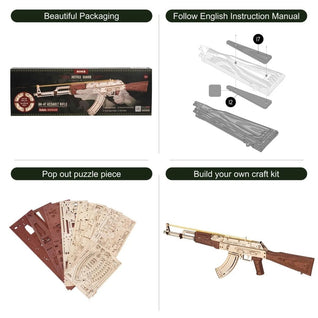 AK-47 Assault Rifle Gun Wooden Replica Rubber Band Gun Model Kit, Toys Gift for Children