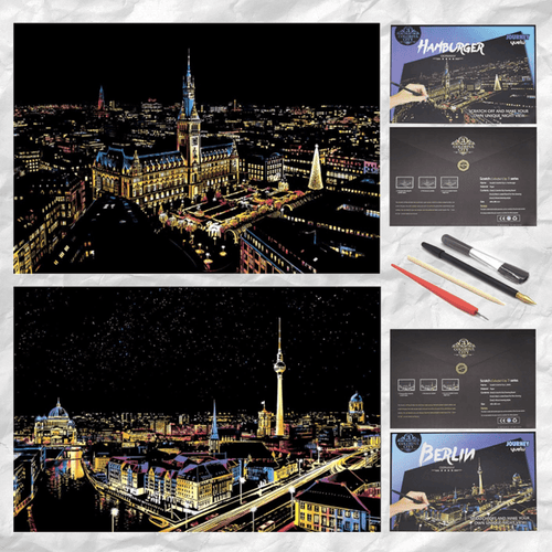 Scratch Art Painting Kits for Adults & Kids, Rainbow Painting Sketch Night View Scratchboard