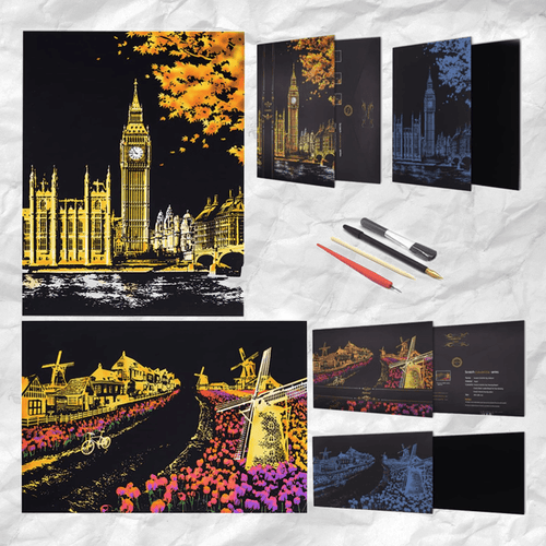 Scratch Art Painting Kits for Adults & Kids, Rainbow Painting Sketch Night View Scratchboard