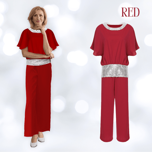 Sequin Elegant Two-piece Set Pantsuit Batwing Sleeve Women Blouse