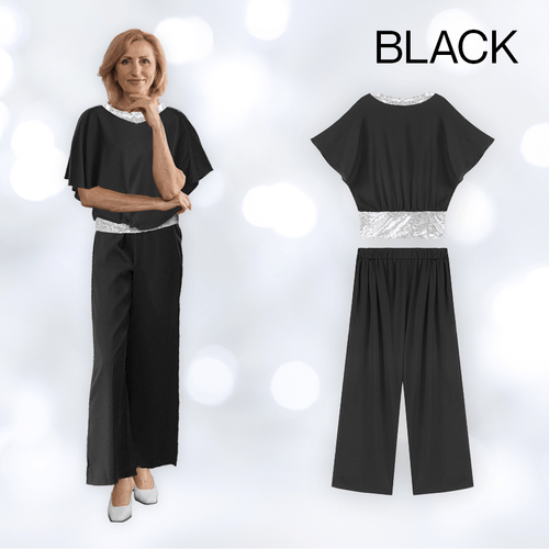 Sequin Elegant Two-piece Set Pantsuit Batwing Sleeve Women Blouse