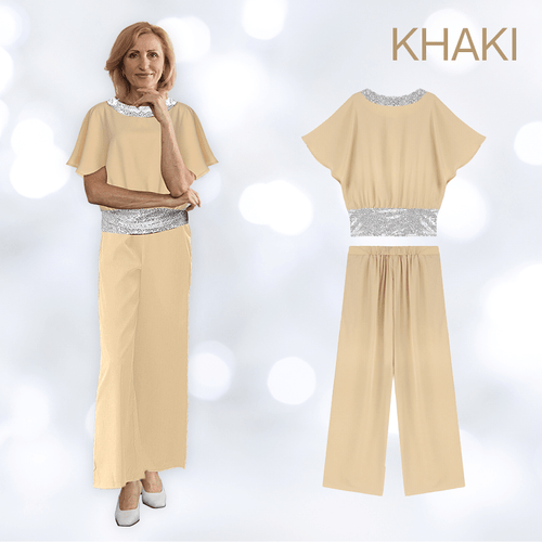 Sequin Elegant Two-piece Set Pantsuit Batwing Sleeve Women Blouse